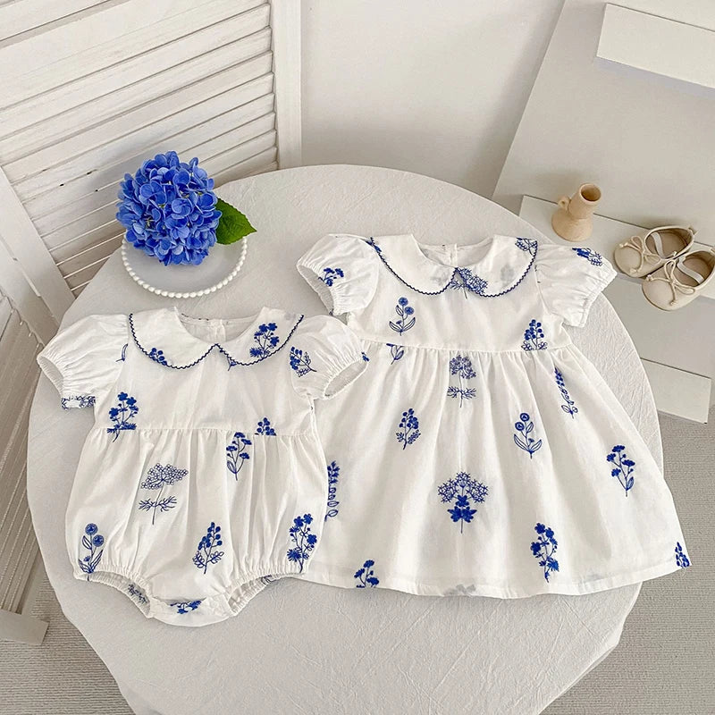 Summer New Style 2-6Y Girl Dress Korean Embroidered Short Sleeve Baby Clothes Children's Dress Girls Retro Sister Dress