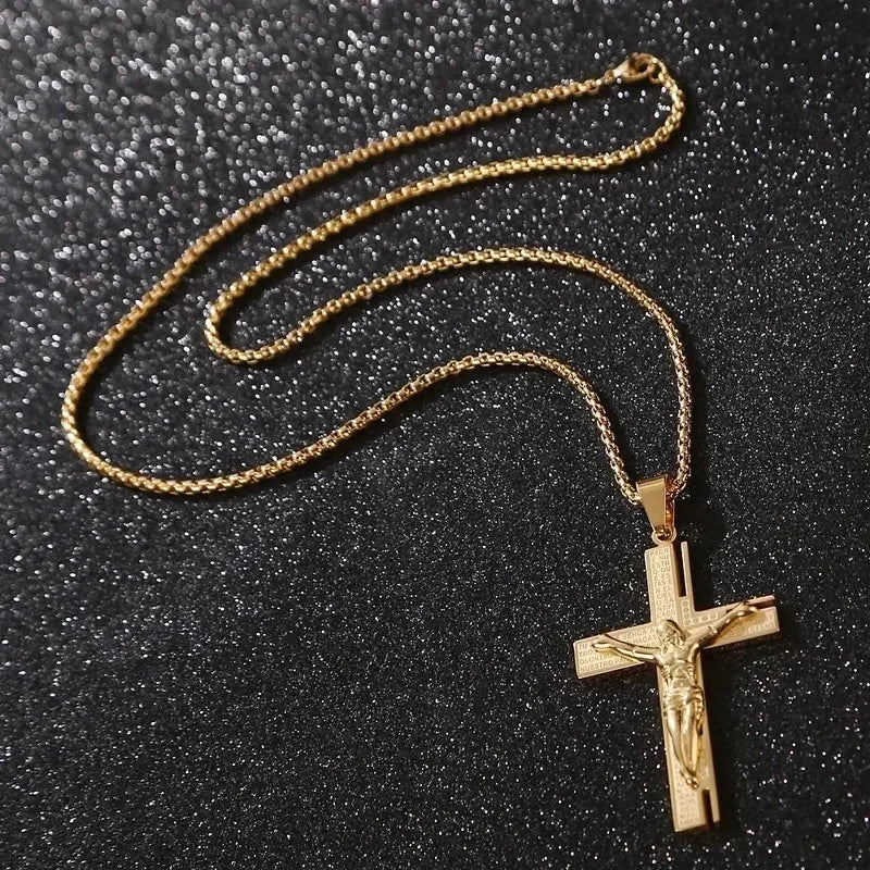 Jesus Christ Cross Mens Necklace Gold Color Cross Religious Pendant Necklace Accessory Chain Accessories
