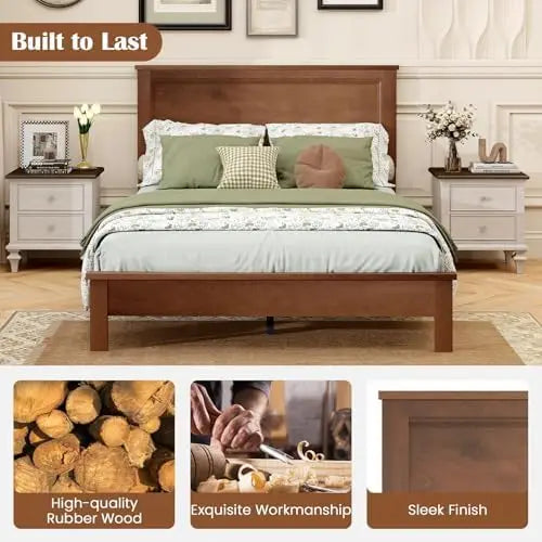 Full Size Wood Bed Frame, Mid-Century Modern Platform Bed with Headboard, Solid Wood Legs, Mattress Foundation with 12
