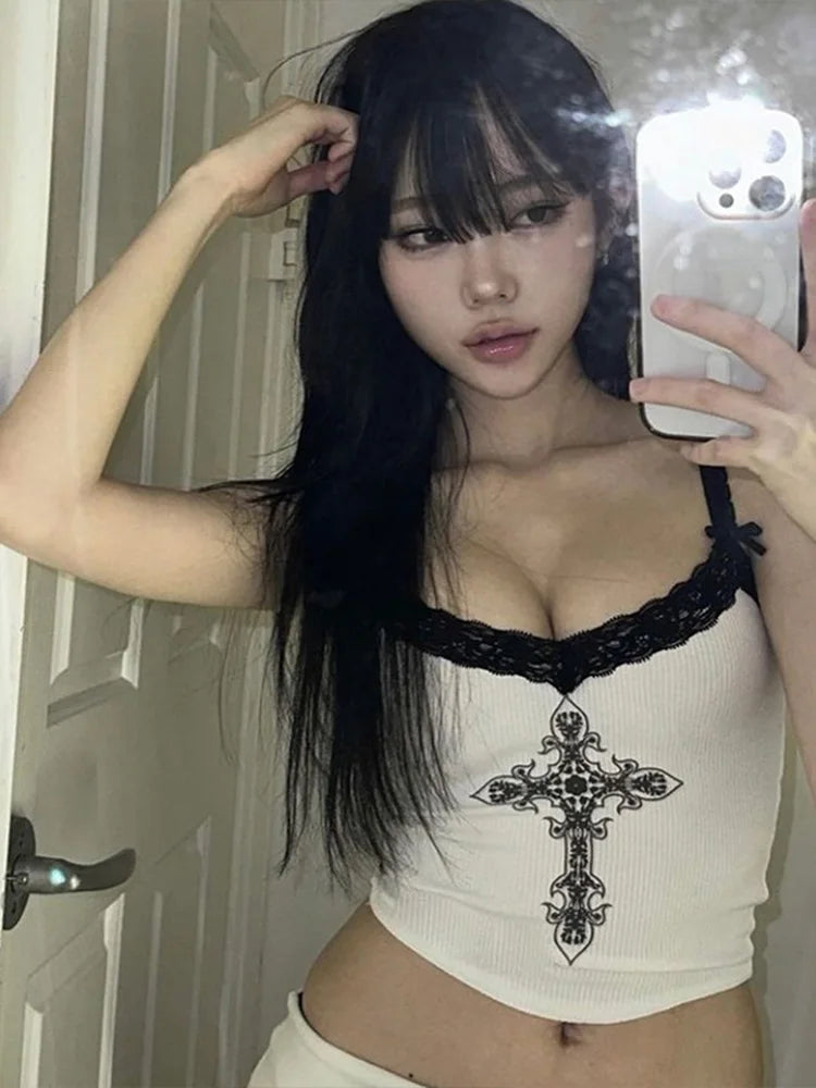 Women Summer Sexy Y2K Hot Girl Slim Fit Tank Top, European and American Street Style Printed Lace Top for Women