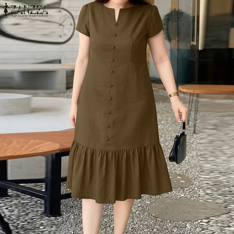 Stylish Summer Dress 2025 ZANZEA Women Elegant V-Neck Midi Dresses Office Work Sundress Short Sleeve Solid Buttons Vestidos Robe