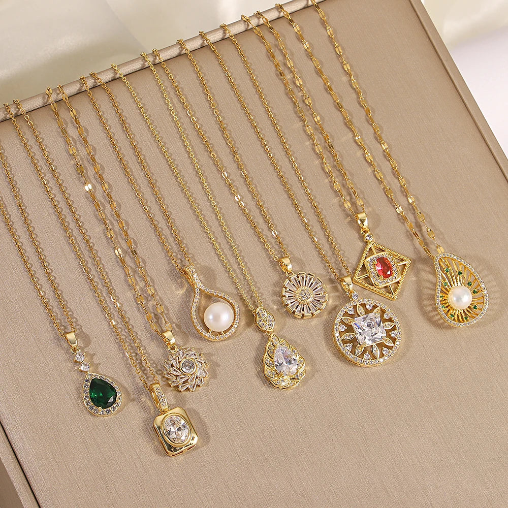 Elegant Zircon Pearl Waterdrop Flower Copper Pendant Necklace Gold Plated Stainless Steel Chain Charms Necklaces Jewelry Gifts