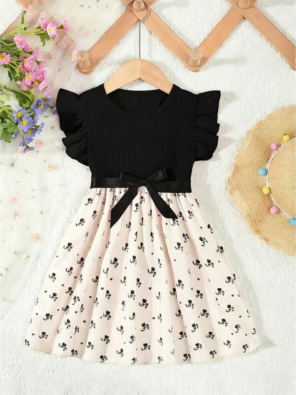 Summer Style Girls' Sleeveless Round Neck Flying Sleeve Pink Printed Dress, Cute Outfit, With Belt