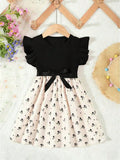 Summer Style Girls' Sleeveless Round Neck Flying Sleeve Pink Printed Dress, Cute Outfit, With Belt