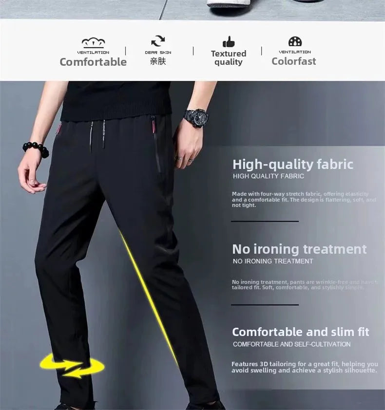 Ice Silk Thin Zipper Pocket Casual Pants Men's Summer Cool Feeling Quick Dry Breathable Straight Leg Long Pants Workwear