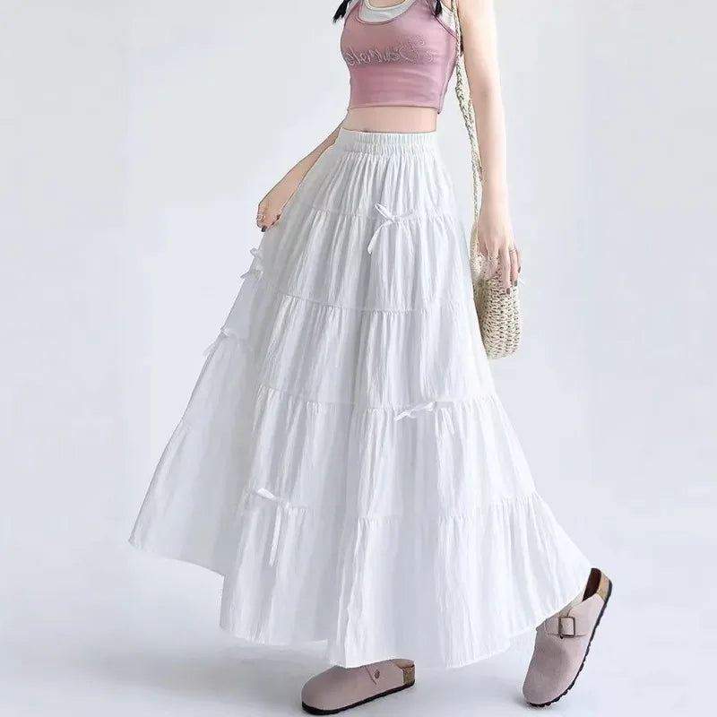 2026 New Streetwear Spring Summer Women's Skirts Vintage High Waist Elastic Patchwork White Black Chic Long Cake A-line Skirt