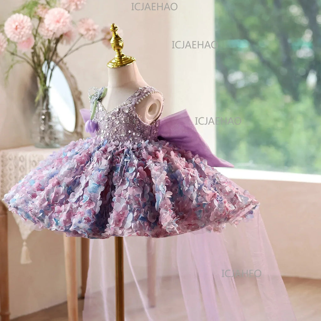 2026 Cute Sweet Purple Children Fashion Floral Sleeveless Kids Host Princess Gown Costume Girls Birthday Party Dress Summer New