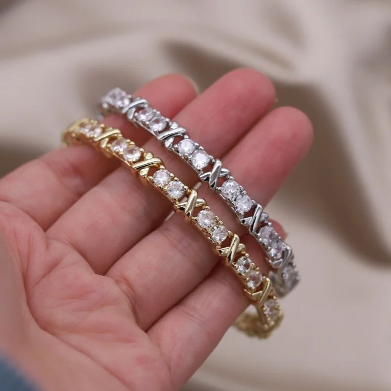 2024 French New Design Fashion Jewelry Two-Color Plated Zircon Letter X Opening Bracelet Elegant Women'S'S Daily Work Accessories