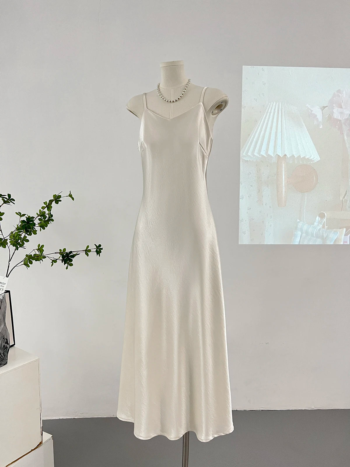 Elegant Women Spaghetti Strap Satin Dresses Summer V-Neck Solid Color Thin Sleeveless Long Dress Women A-Line Dress