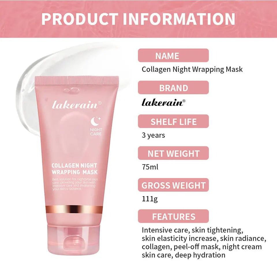 Collagen Overnight Wrapping Peel Off Facial Mask, Korean Collagen Night Wrapping Mask Deeply Hydrates Night Care Mask Cream 75ml