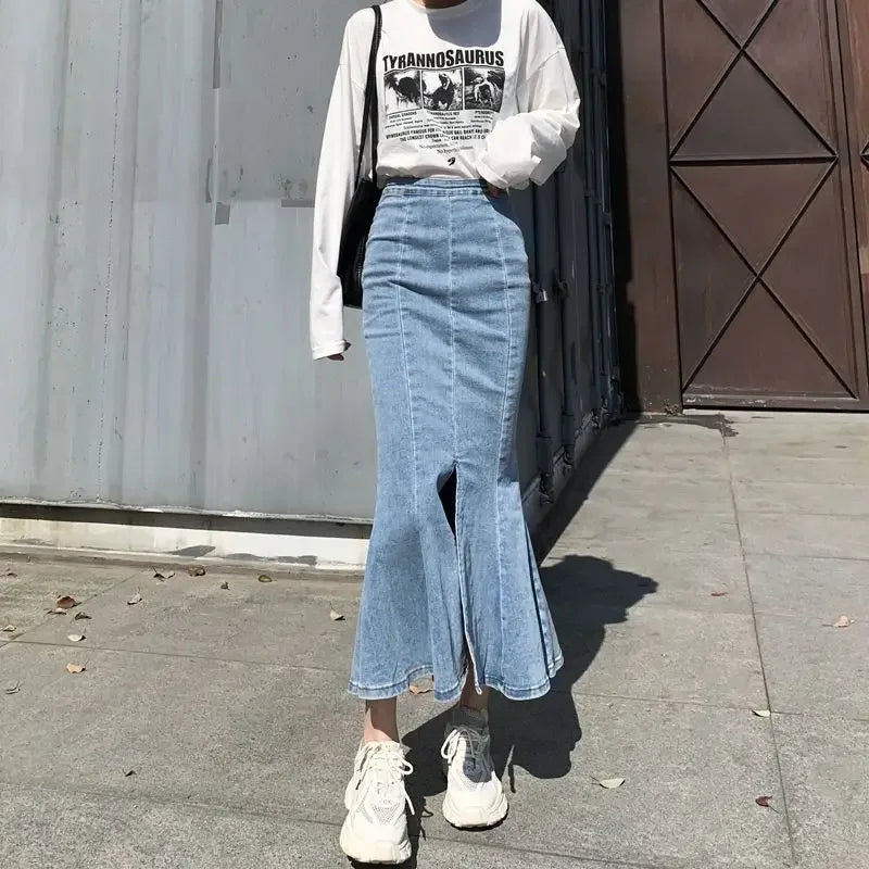 Woman Denim Skirt Sexy Jeans Skirts for Women Gyaru Blue Coquette with Slit Clothing Sales Vintage Korean Style Luxury Elegant V