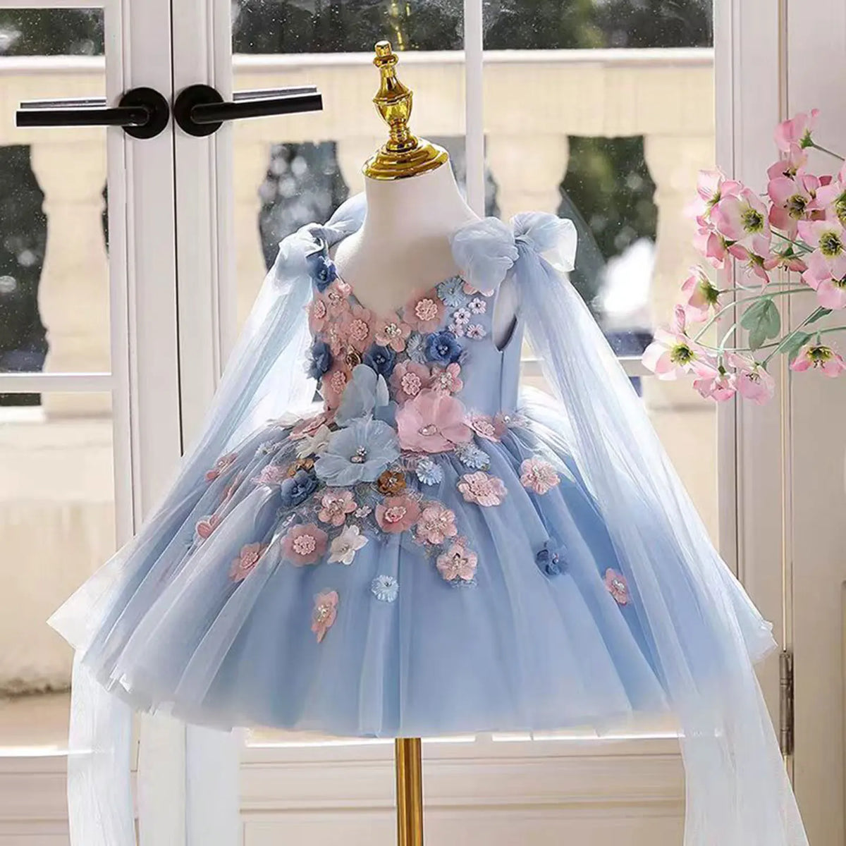 Dreamy Vow D011 Adorable O-Neck Pearl Embellishment Tulle Pink Flower Girl Dress Wedding Holiday Evening Party Knee-Length Prom