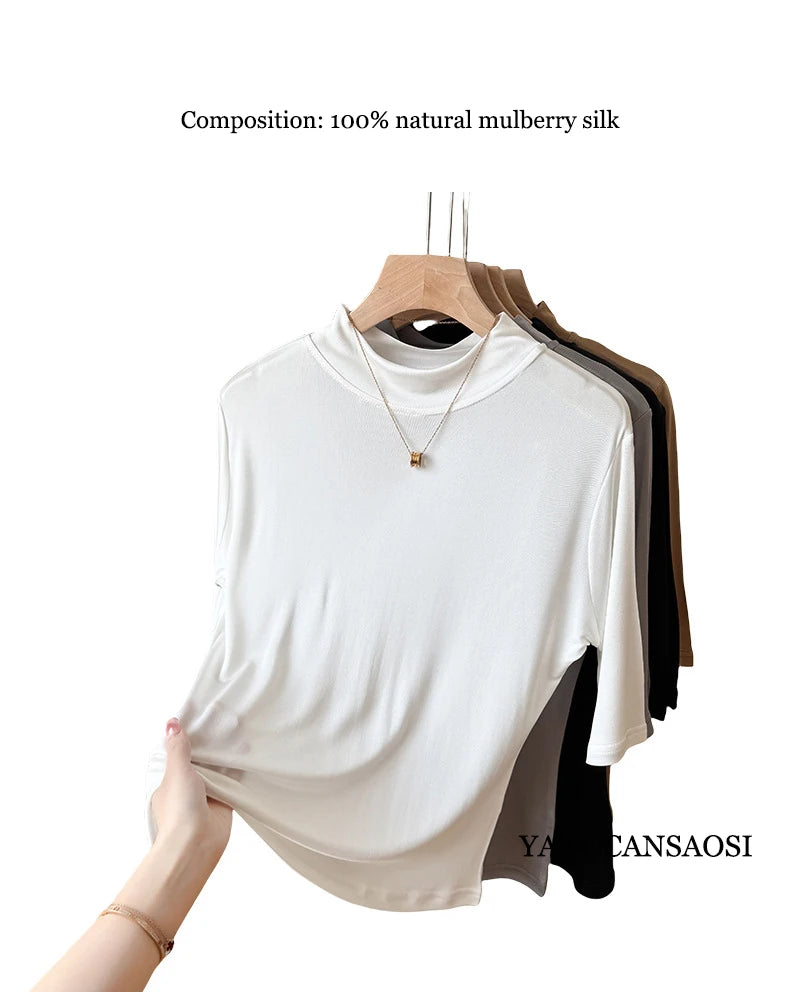 2026 Women's Spring/Summer New 100% Natural Mulberry Silk (Knitted) Basic Solid Color Half High Neck Mid Sleeve Bottom Shirt