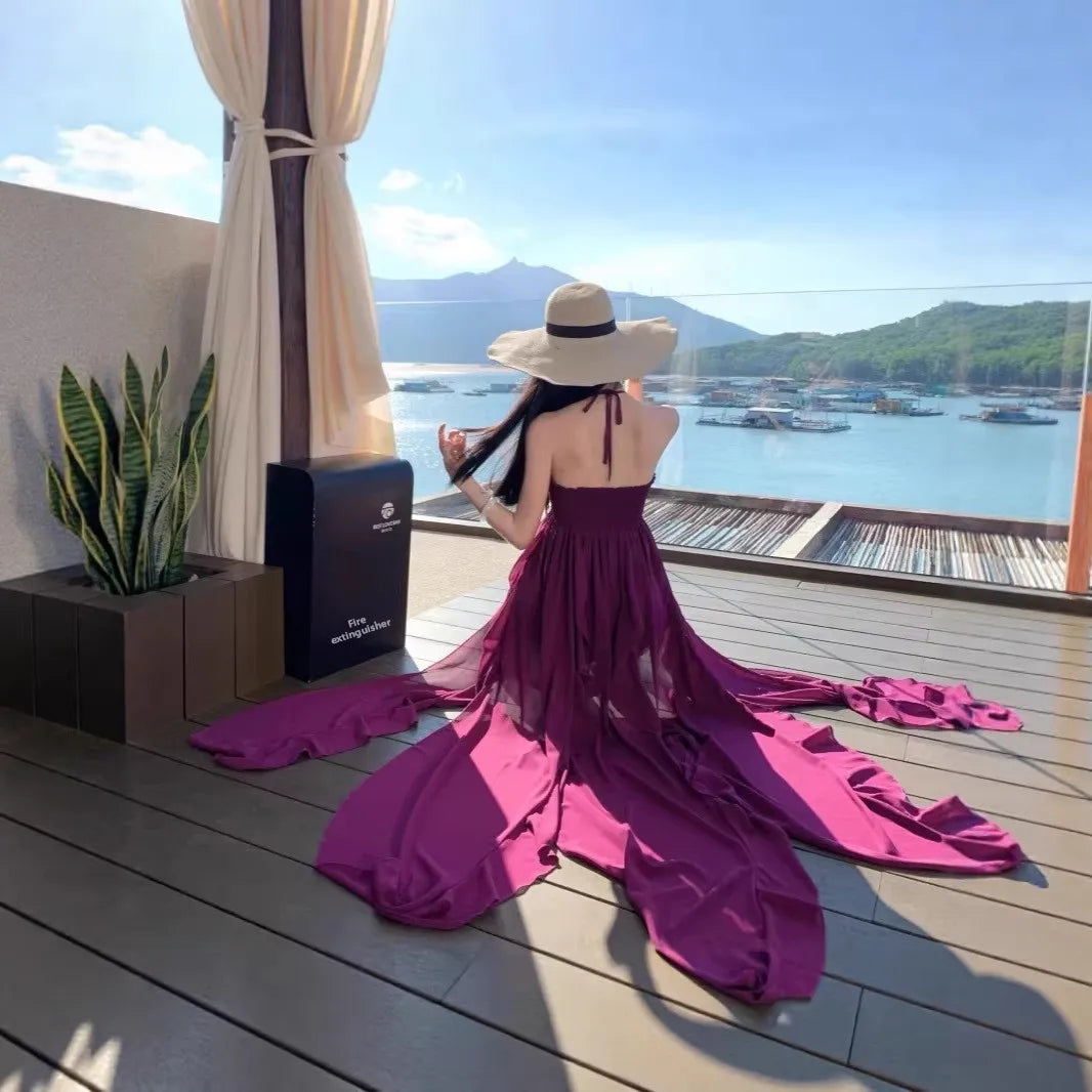 Purple Beach Vacation Photography Dress Women's Sleeveless Gown Luxury Design Sensation Halter Neck Chiffon Long Skirt