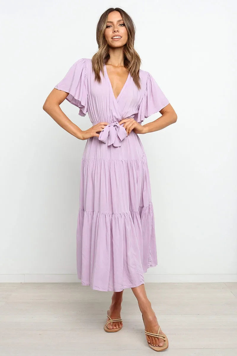 Summer Bohemian Long Dress Pure Color V-Neck Short Sleeve Empire Waist Design Floor Length with Belt Loose Fit Women's Dress