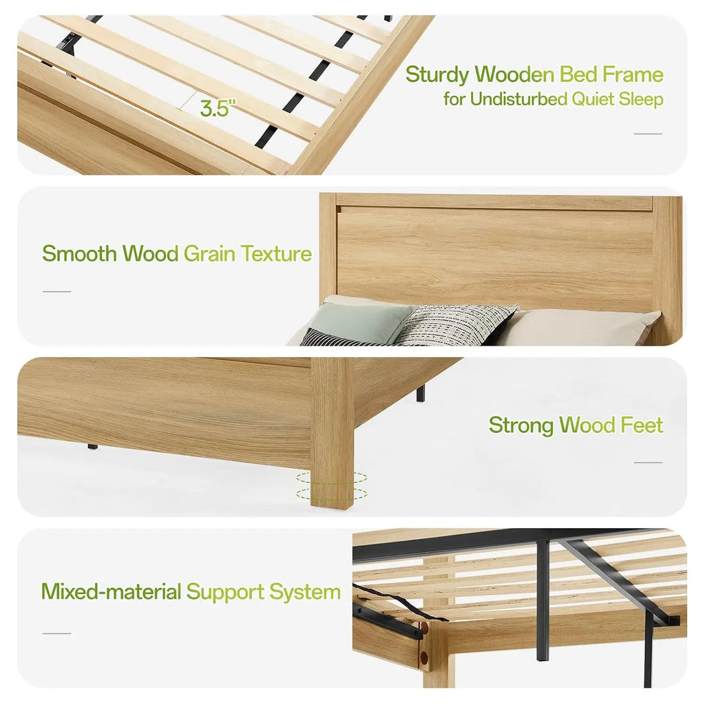Mid-Century Queen Bed Frame Headboard Wood Slat Support Noise Free No Box Spring 1000Lb Easy Assembly Oak, Customized
