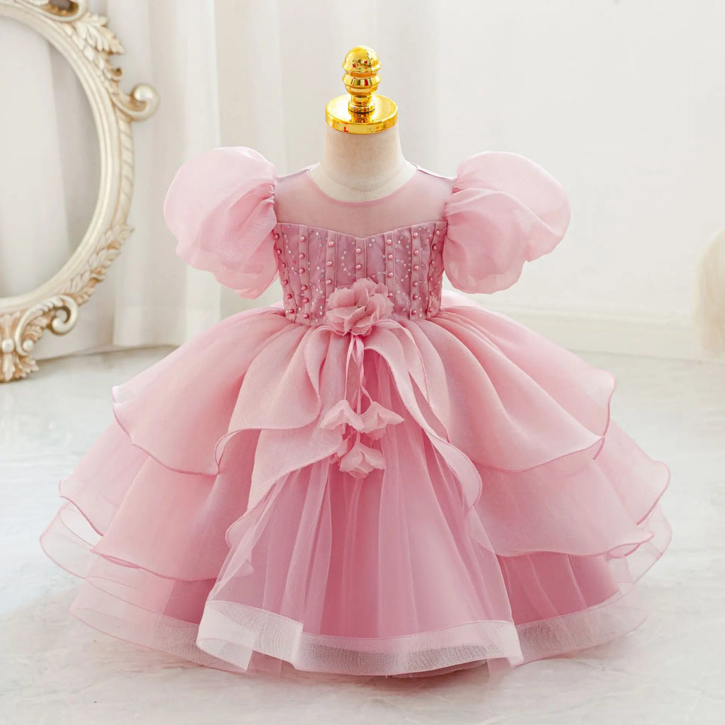 HETISO New Beauty Pageant Dress For Baby Toddler Girl Beading Puff Sleeve Kids Birthday First Christmas Ball Gown 1-4 Years