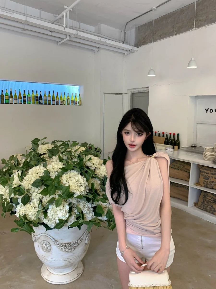 Sexy Slim Fit Metal Buckle Asymmetrical Shoulder Top Pleated Design Versatile Single Wear Tank Top Breathable Short Length