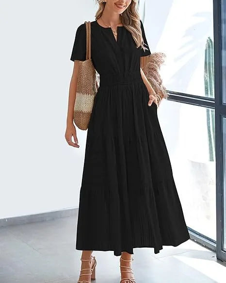 Summer Solid Color V-neck Tight Waist Dress French Style Elegant Pleated Large Swing Long Dress Casual Vacation Style Slimming M