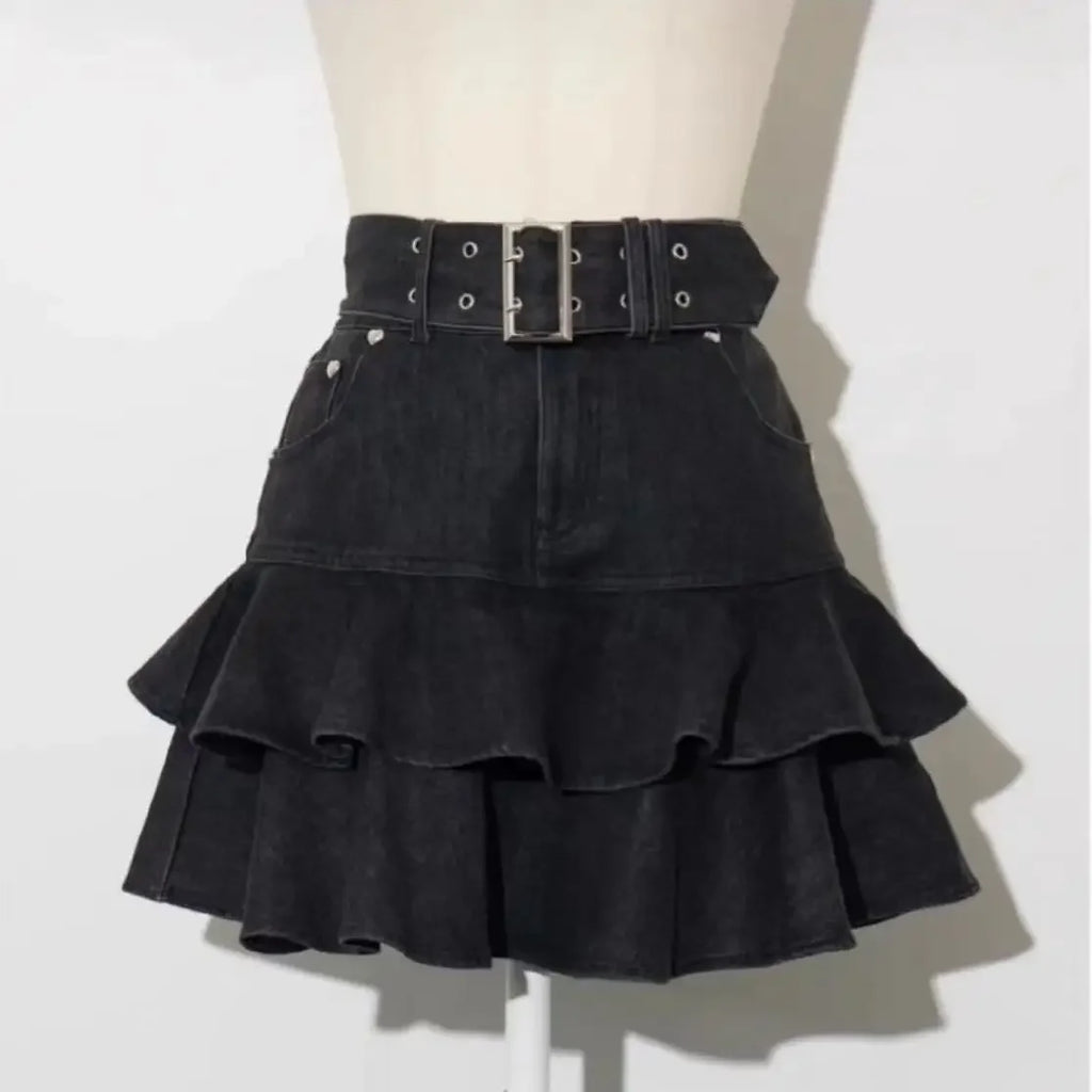 IMU Japanese Sweet Fashion Black Leather Skirt Spring Autumn New 2025 Women's High Waist Slim Elegant Denim Skirt Puffy Cake Ski