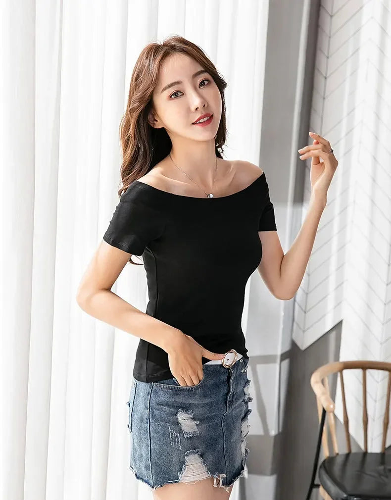 MRMT 2026 Brand New Women's T Shirt Cotton Slim Fit Short Sleeve T-Shirt For Female Off Shoulder Tops One Line Neck Tshirt