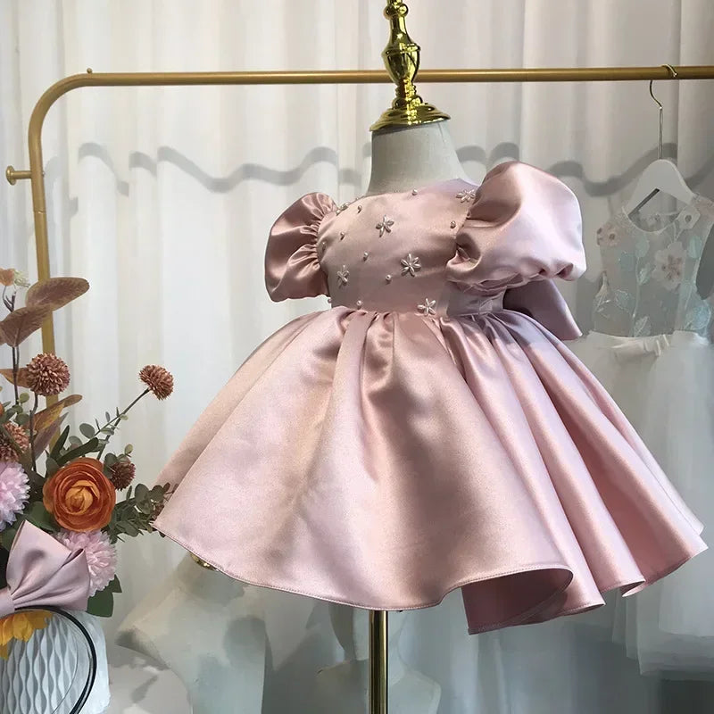 2026 Baby Girls Party Dress Blue Children Clothes Elegant Baptism Sleeves Plain Ball First Birthday Beading Puff Gowns