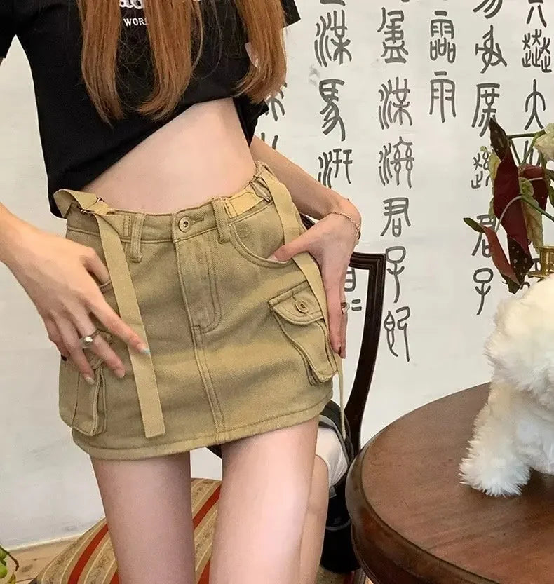 High-Waisted Mini Dress Denim Skirt Women's Summer Workwear A- Line Bodycon Skirt Trendy Semi-Pants Skirt
