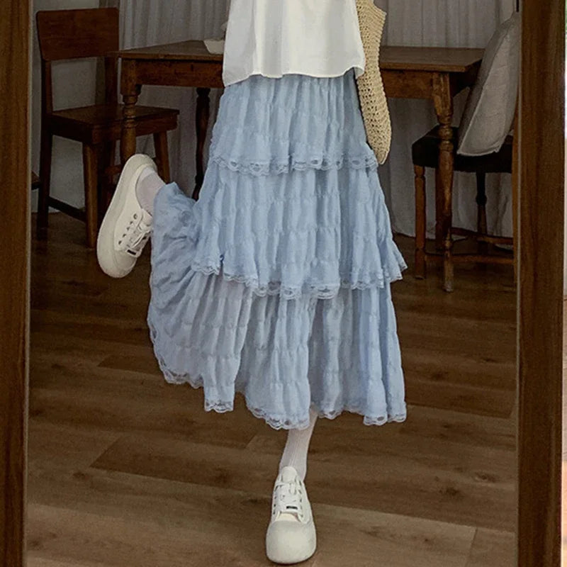 Sweet Lace Ruffles Long Skirt Women Summer Cute Puff Cake A Line Skirt Woman Korean Style High Waist White Chiffon Tulle Skirt