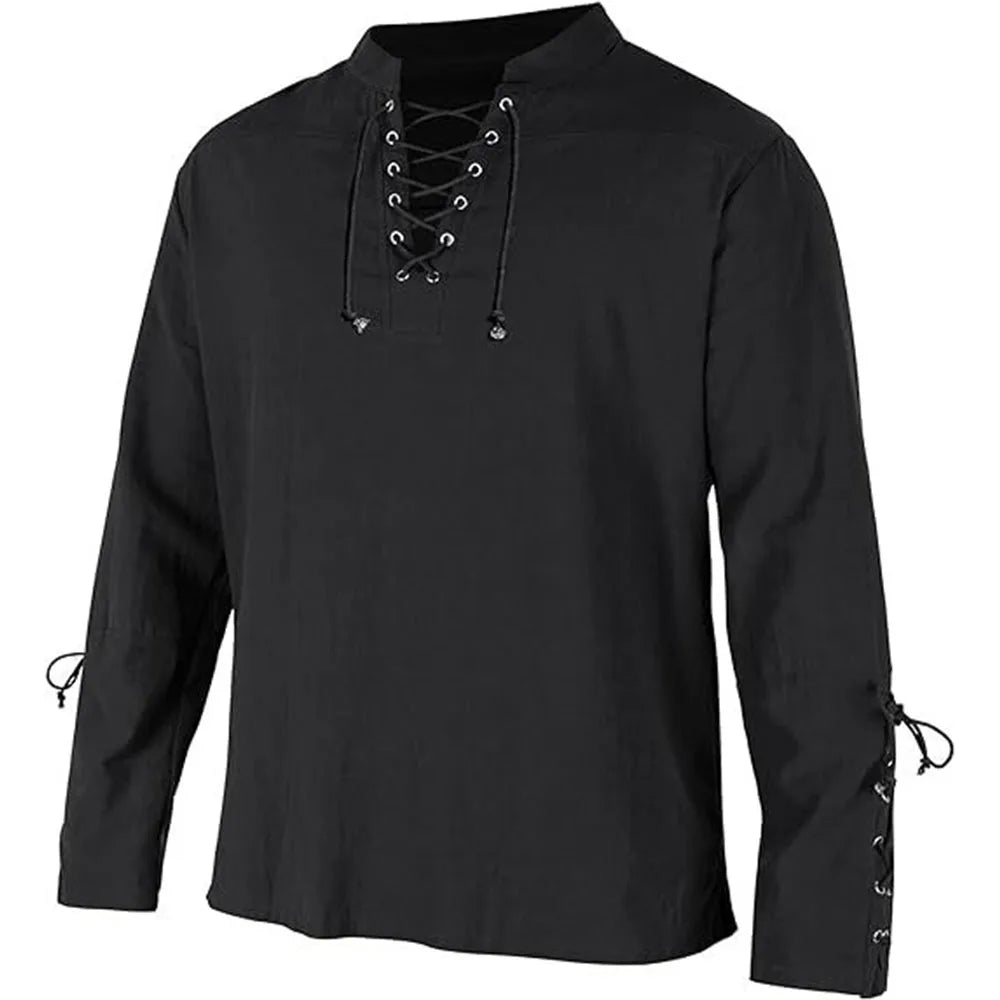 FURCW Men's Cotton Linen Long Sleeve V-Neck Medieval Pirate Shirt