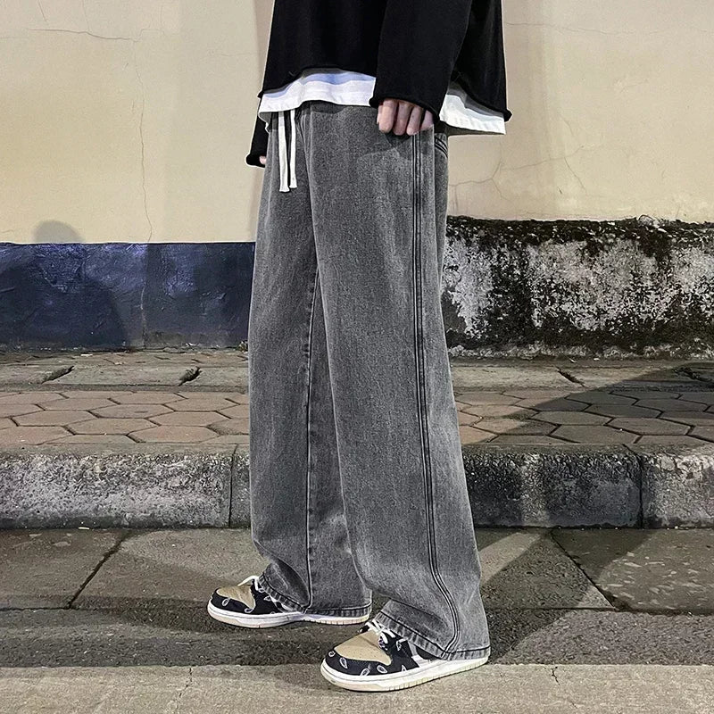2026 New Streetwear Loose Jeans Men Korean Style Fashion Loose Straight Wide Leg Pants Men's Brand Clothing Black Light Blue