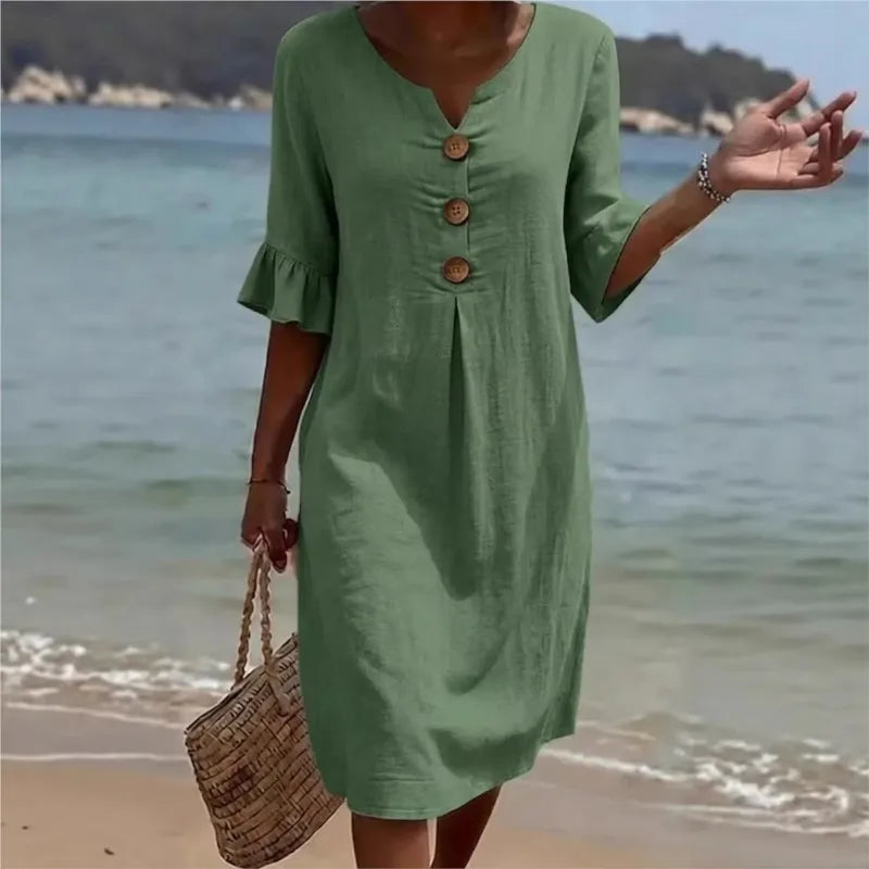 Simple Casual Women's Solid Color Midi Dress V Neck Button 3/4 Sleeve Loose 2026 New Summer Beach Vacation Dresses With Pockets