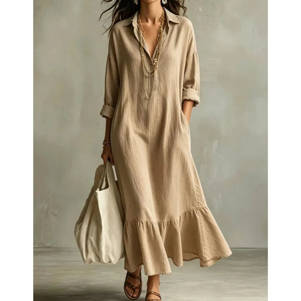 Spring Autumn New Fashion Button Lapel Long Sleeve Shirt Women's Loose Dress Casual Simple Retro Ruffled Swing Dress Female2026