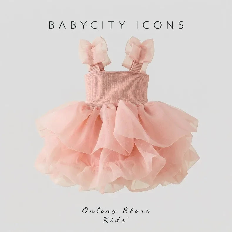 2026summer Fashion Baby Girl Princess Tutu Dress Bowknot Sleeve Child Tulle Vestido Pageant Party Birthday Baby Clothes 0-10Ynew