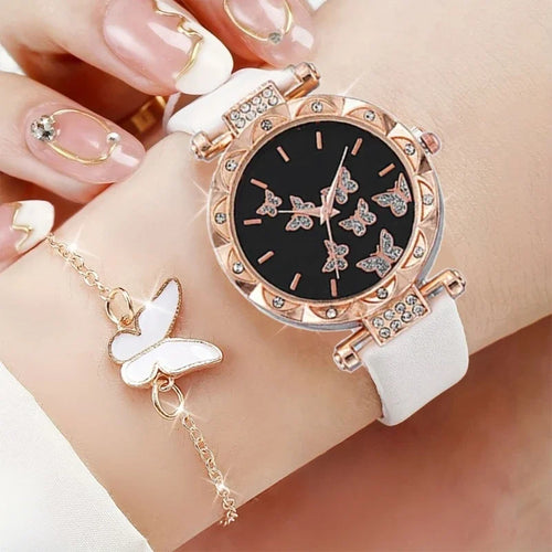 Butterfly Jewelry Set For Women Elegant Leather Watch Ring Necklace Earrings Bracelet Wedding Gift