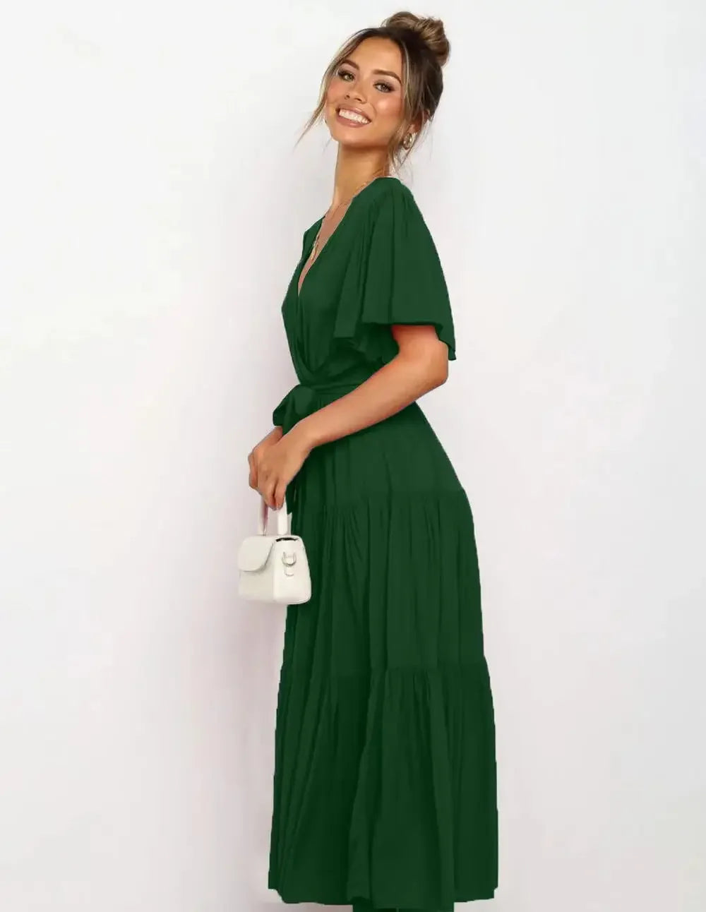 Summer Bohemian Long Dress Pure Color V-Neck Short Sleeve Empire Waist Design Floor Length with Belt Loose Fit Women's Dress