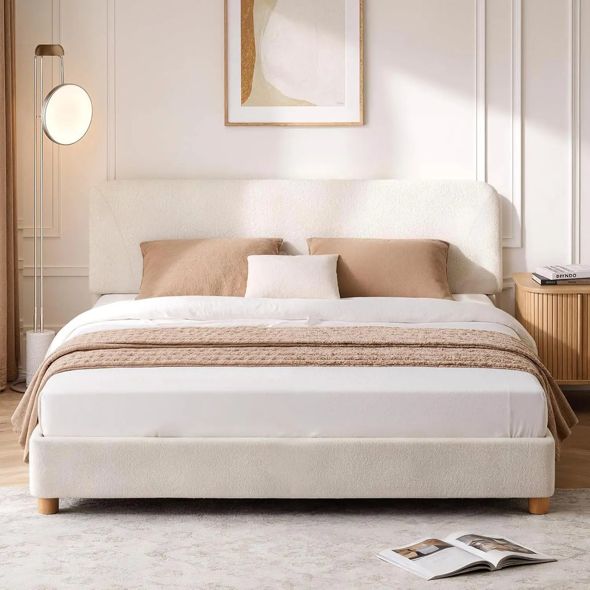 Queen Size Cloud Bed Frame, Soft Boucle Bed Frame with Adjustable Headboard, Solid Wood Legs, Rounded Corners, Customized