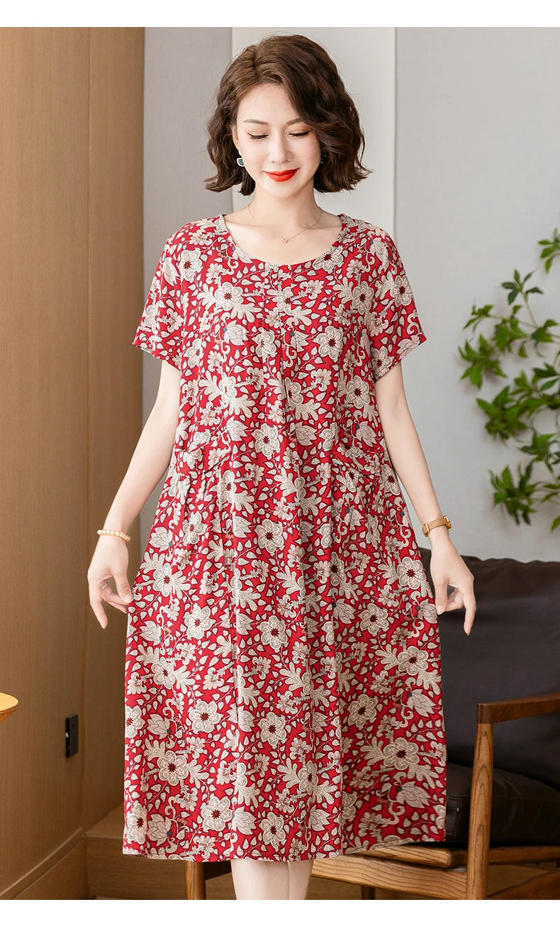 New 2025 Summer Dress Long Vintage Loose Women Elegant Sundress Dress Casual O-neck Dresses Print Plus Size