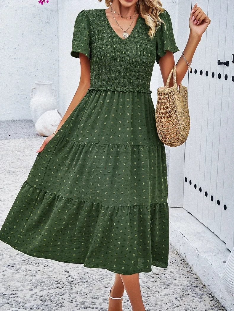 Summer Women's Casual Polka Dot Long Dress Vacation Boho Short Sleeve Solid V-neck Beach Sundress Elastic Waist Midi Dresses