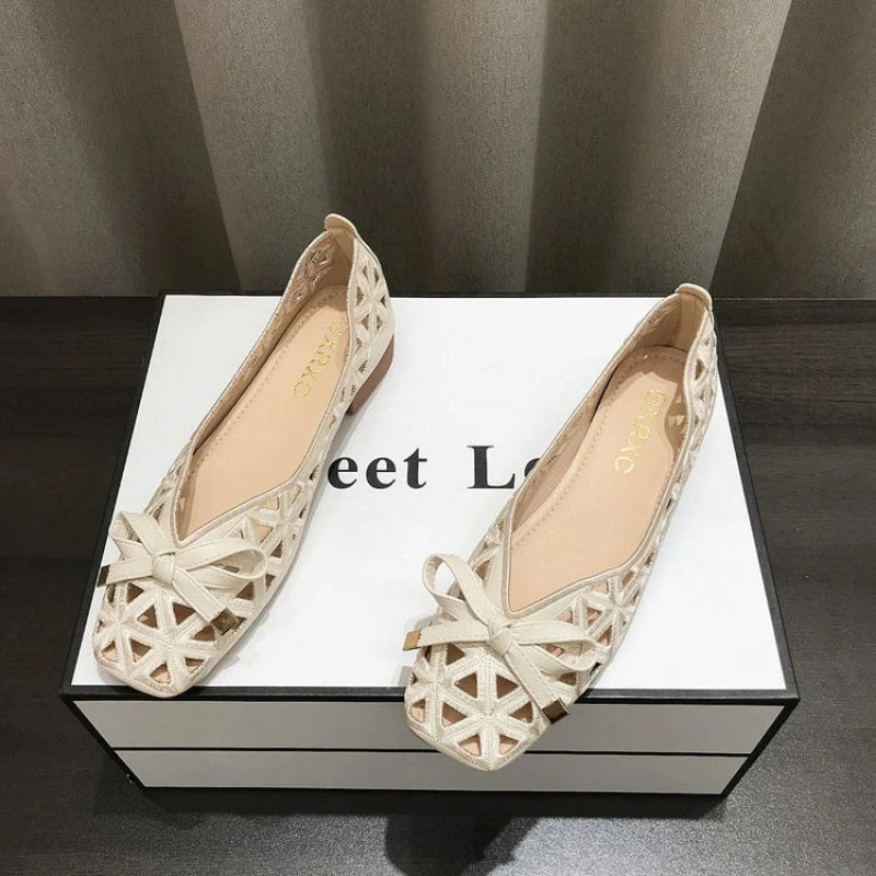 Elegant Ladies' Lace-Up Bow Flat Shoes, Breathable Mesh Hollow Out Loafers, Comfortable Walking Shoes For Daily Wear
