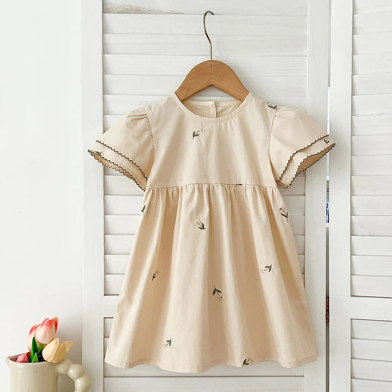 1-6Yrs Summer Girls Dress Baby Clothes Fashion Smocking Stitch Girls Dress Puff Sleeve Floral Cotton Baby Girls Princess Dresses
