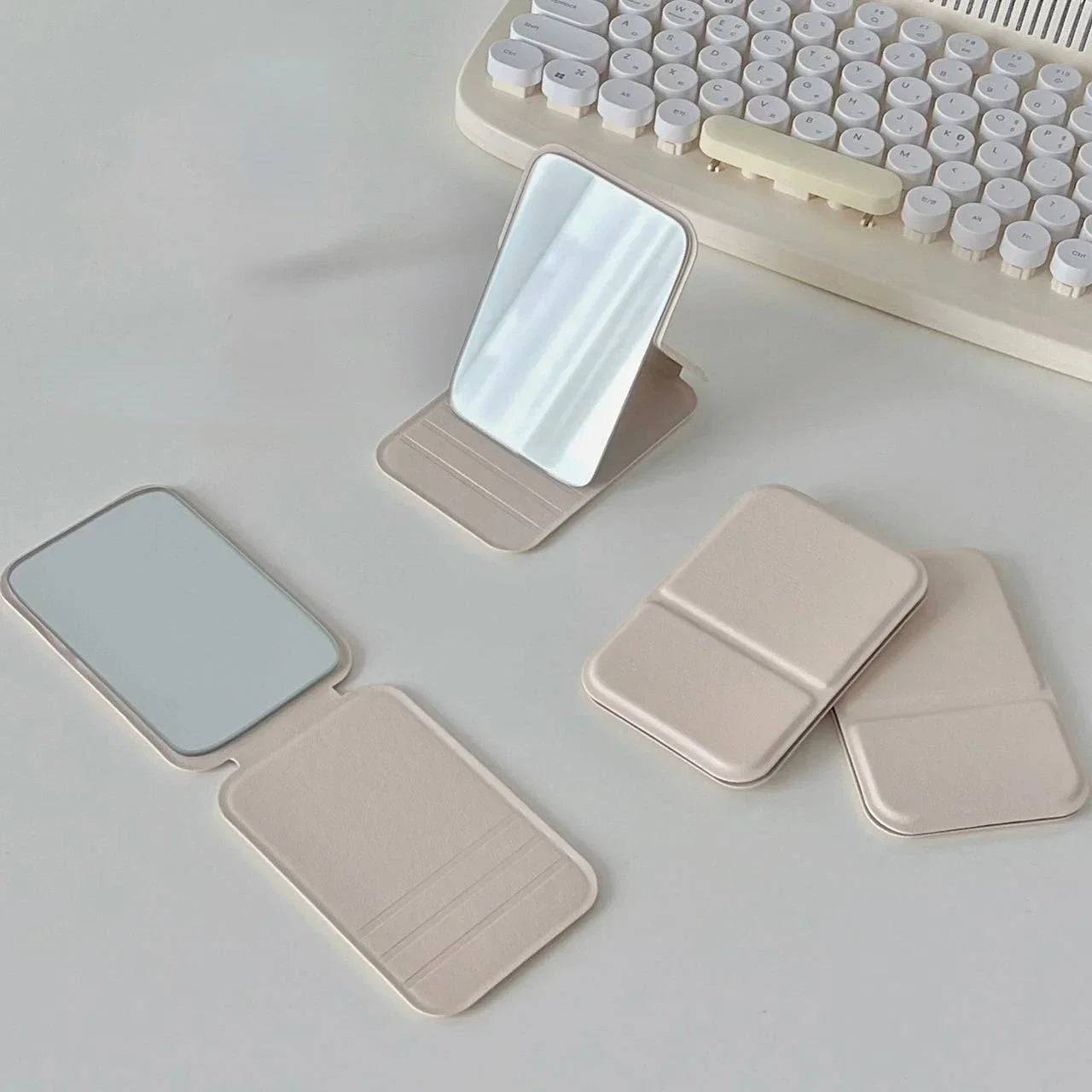 Desktop Makeup Mirror Foldable Portable PU Leather Compact For Students With Cute Solid Color