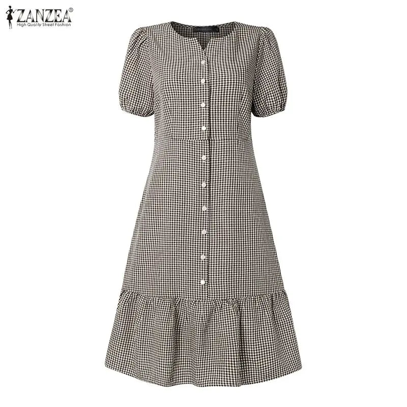 ZANZEA 2026 Summer Sundress Women Elegant OL Work Dress Plaid Checked Short Sleeve A Line Vestidos Robe Stylish Holiday Dresses