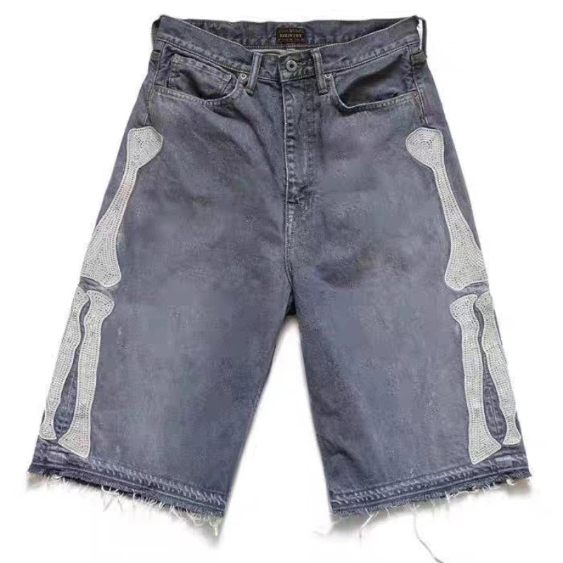 Y2k Retro Harajuku Denim Shorts Women's Washed Patchwork Tassel American Retro Jeans Men's Loose Hip-hop Bone Denim Shorts 2025