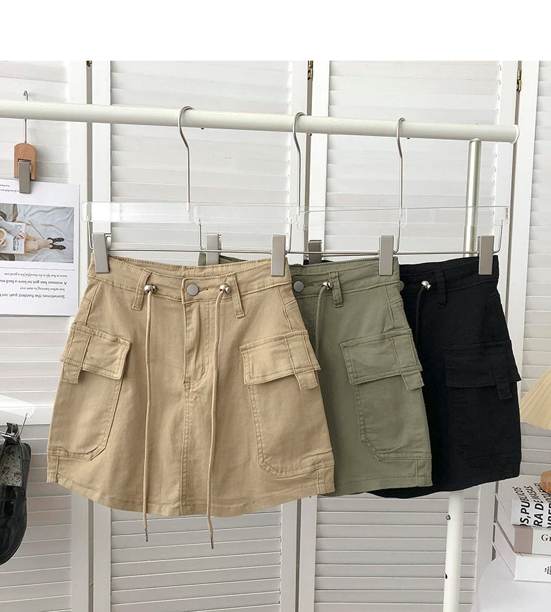 Retro High Waist Denim  Skirt Women's Spring Summer Autumn Casual Drawstring Anti-Light Short Skirt Polyester Fiber