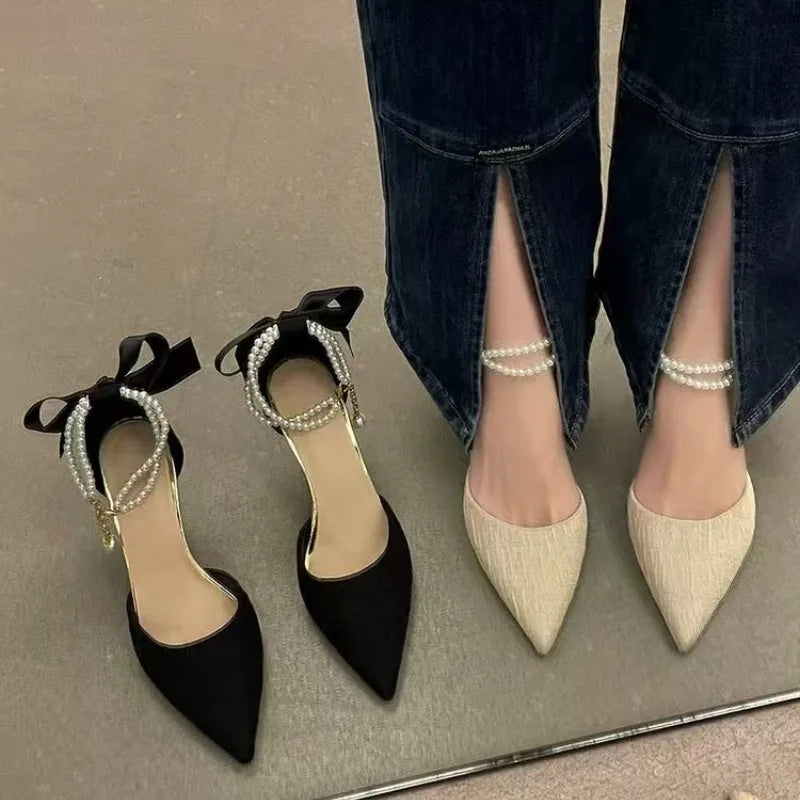 Fashionable high-heeled women's 2025 summer new pearl open-back evening dress stiletto style fairy-tale elegant single shoes