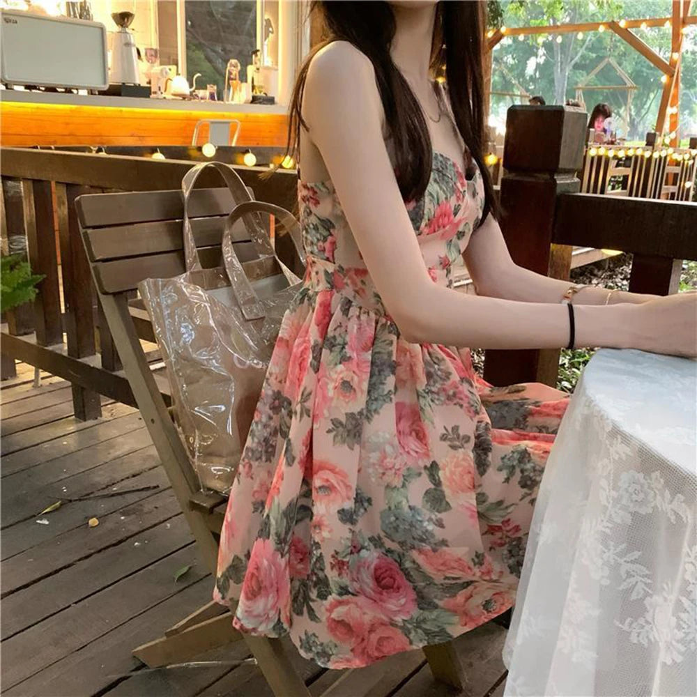 Women's Floral Print A-line Dress with Adjustable Straps and High Waist Design for Spring Summer Autumn Winter Wear