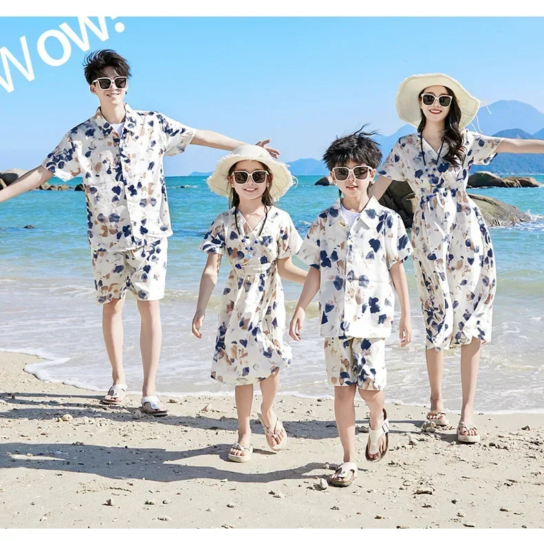 2025 Mom and Daughter Short Sleeve Dress Holiday Summer Family Vacation Look Clothes Dad and Son Shirts Two Piece Outfits Sets