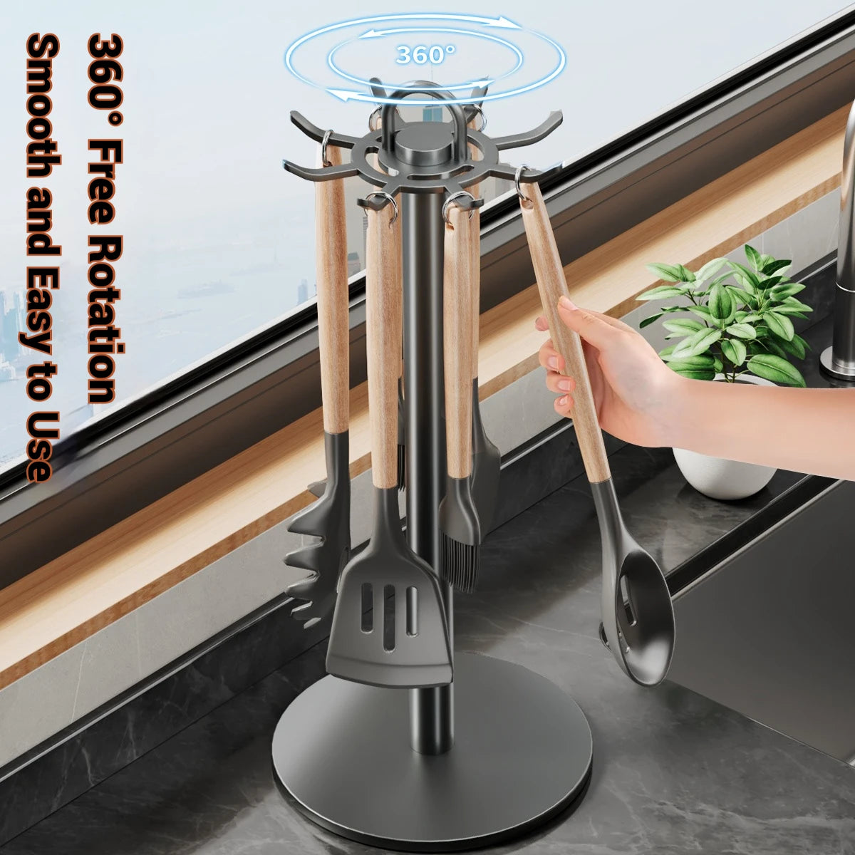 Soporte para utensilios de cocina: colgador de almacenamiento giratorio con 8 ganchos, para organización de encimeras, soporte giratorio para utensilios de cocina