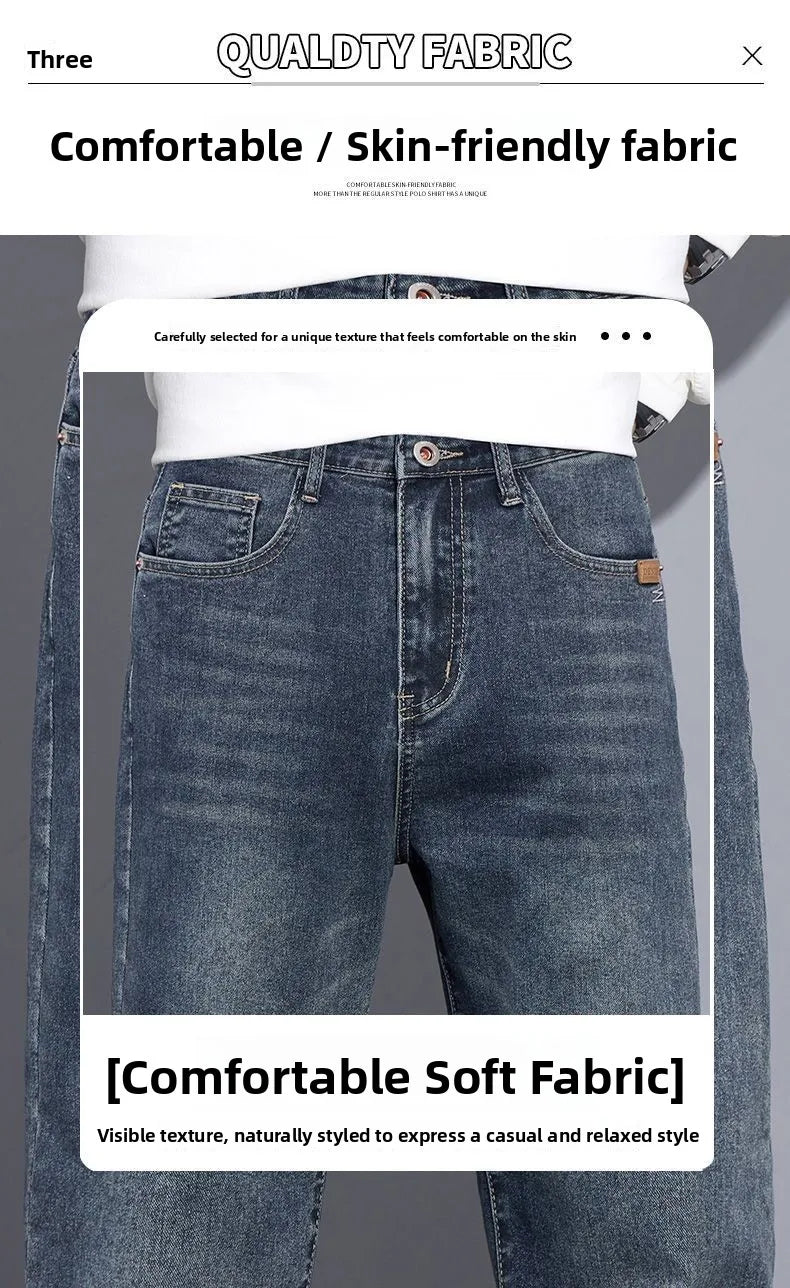 Black Casual Elastic Wide Leg Jeans Men's Loose Straight Fit Jeans Trendy Autumn Winter Long Pants Korean Style Basic Model