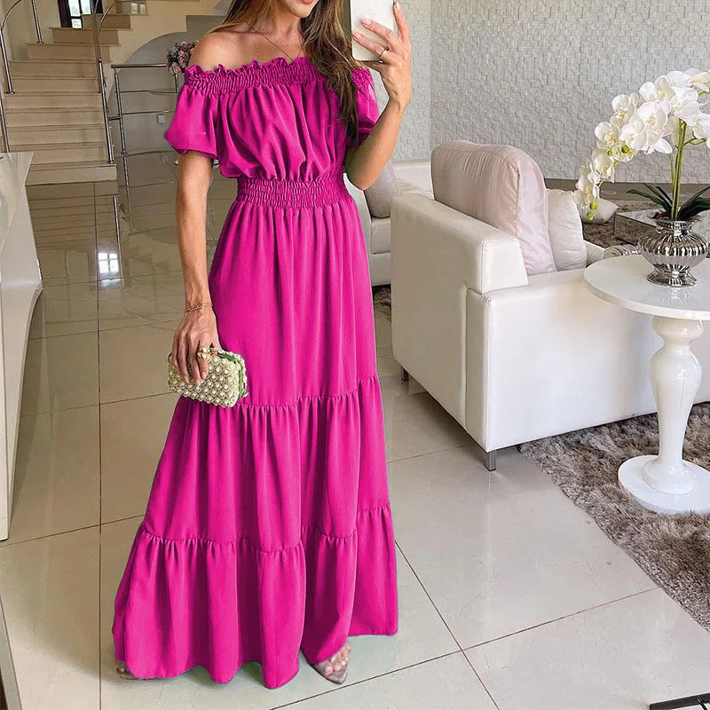 Summer Sexy Off Shoulder Slash Neck Ruffle Beach Party Dress Elegant Women Fashion Red Lace-up Pleated Holiday Long Dresses Robe